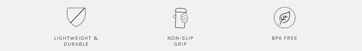 Icons for lightweight, non-slip, and BPA free